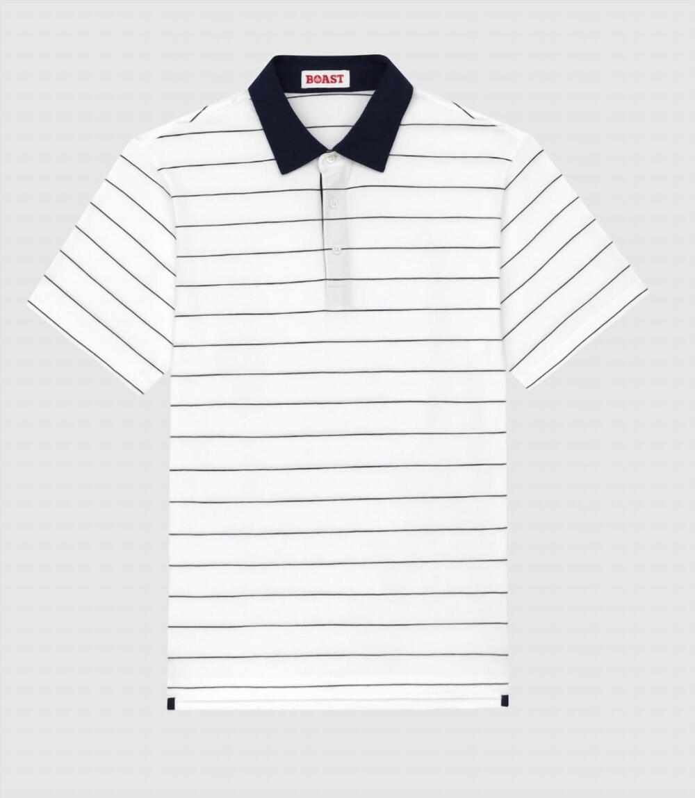 NEW BOAST men's heritage stripe polo shirt in white/navy
